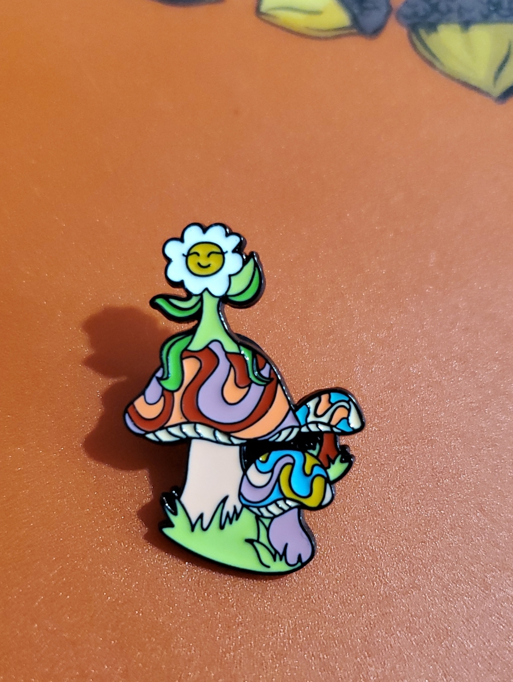 Psychedelic Mushroom & Flower Enamel Pin - Colorful Smiley Design
